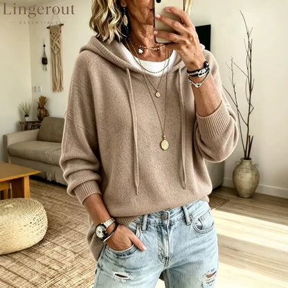 Soft Knit Drawstring Hooded Long Sleeve Pullover Sweater