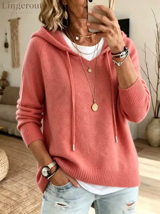 Soft Knit Drawstring Hooded Long Sleeve Pullover Sweater - Pink / S
