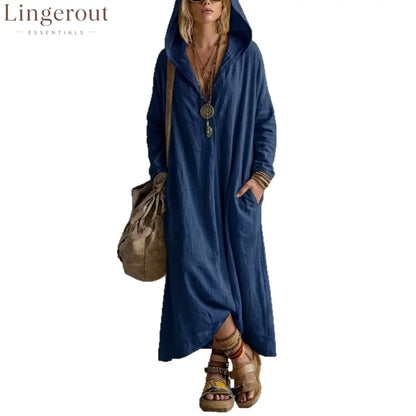 Soft Linen Hooded Maxi Kaftan Dress | Loose Boho Long Sleeve Cover Up