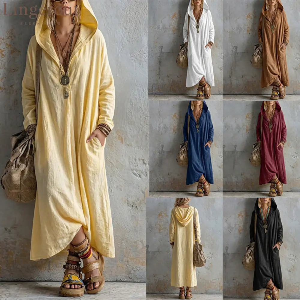 Soft Linen Hooded Maxi Kaftan Dress | Loose Boho Long Sleeve Cover Up
