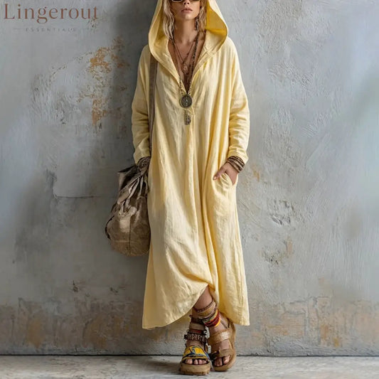 Soft Linen Hooded Maxi Kaftan Dress | Loose Boho Long Sleeve Cover Up