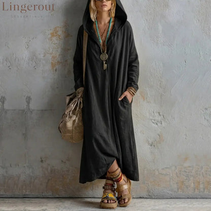 Soft Linen Hooded Maxi Kaftan Dress | Loose Boho Long Sleeve Cover Up - Black / S