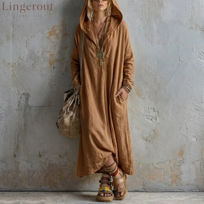 Soft Linen Hooded Maxi Kaftan Dress | Loose Boho Long Sleeve Cover Up - Dark brown / S