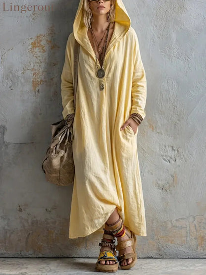 Soft Linen Hooded Maxi Kaftan Dress | Loose Boho Long Sleeve Cover Up - Light yellow / S