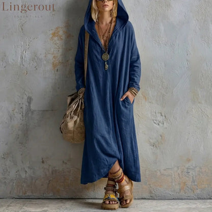 Soft Linen Hooded Maxi Kaftan Dress | Loose Boho Long Sleeve Cover Up - Navy blue / S