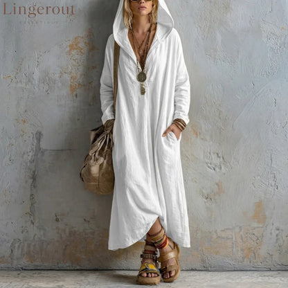Soft Linen Hooded Maxi Kaftan Dress | Loose Boho Long Sleeve Cover Up - White / S