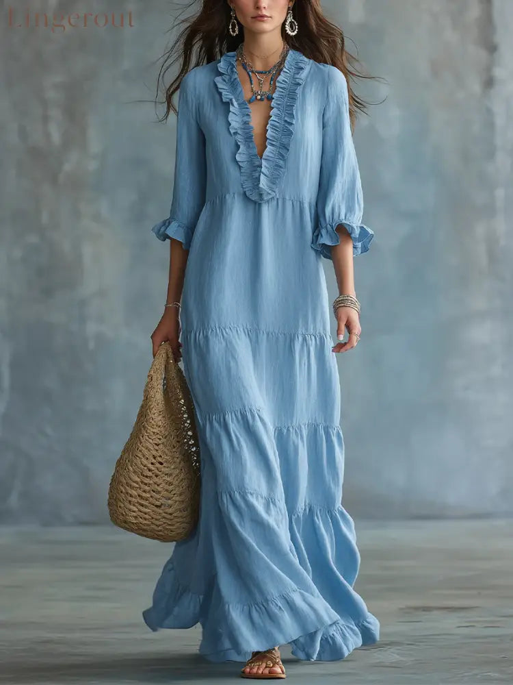 Soft Sky Blue Bohemian Ruffled Maxi Dress - Maxi Dress