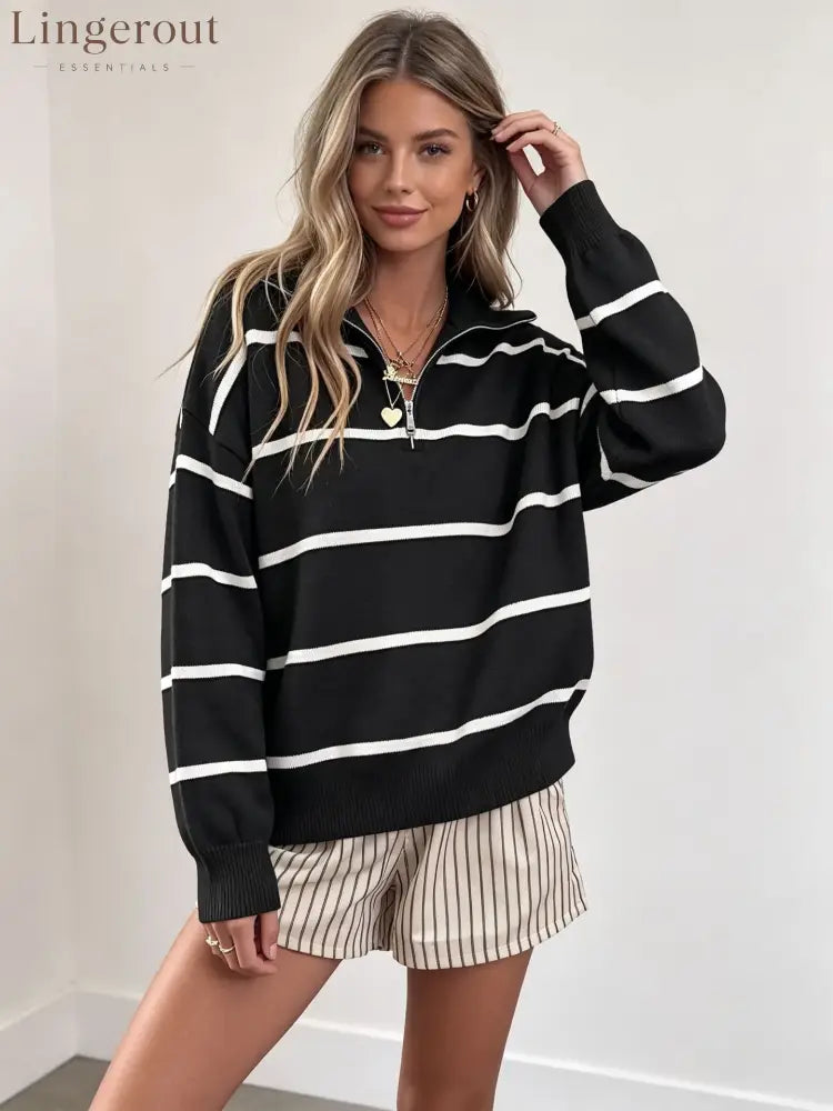 Soft Stripe Half-Zip Sweater - Black / S