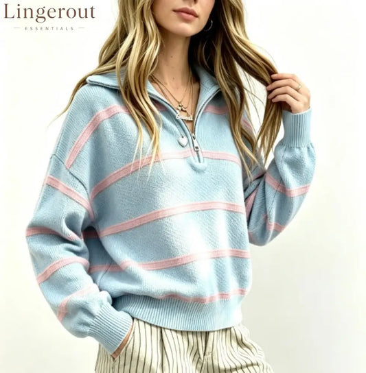 Soft Stripe Half-Zip Sweater - Light blue / S