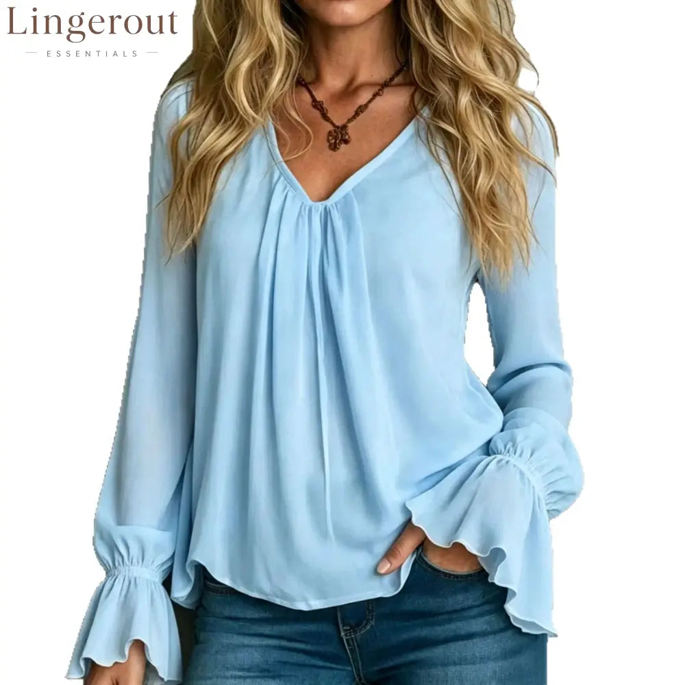 Solid Chiffon V-Neck Pleated Front Flounce Bell Long Sleeve Blouse