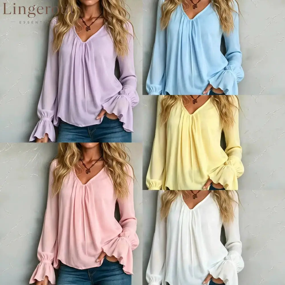 Solid Chiffon V-Neck Pleated Front Flounce Bell Long Sleeve Blouse