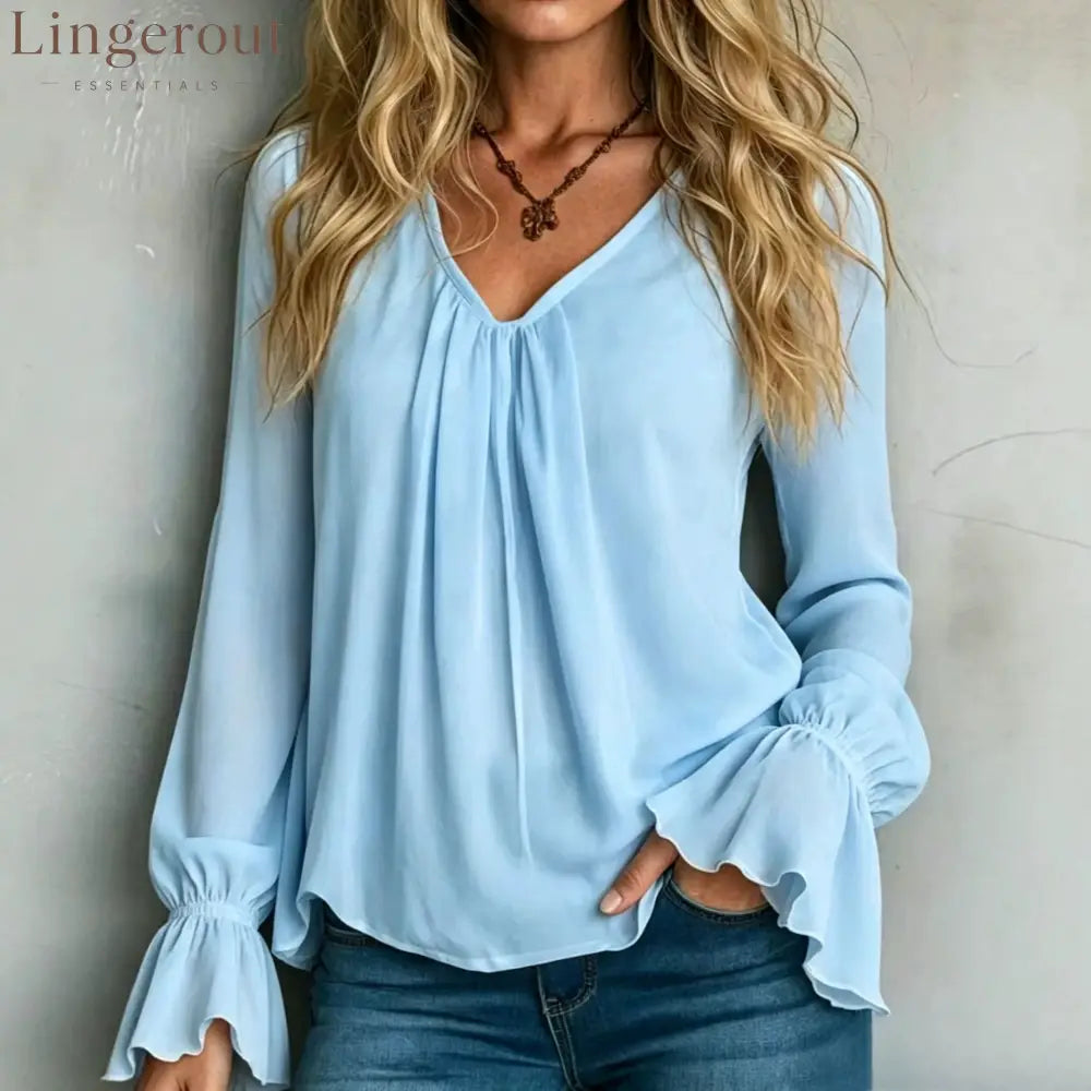 Solid Chiffon V-Neck Pleated Front Flounce Bell Long Sleeve Blouse - Light blue / S