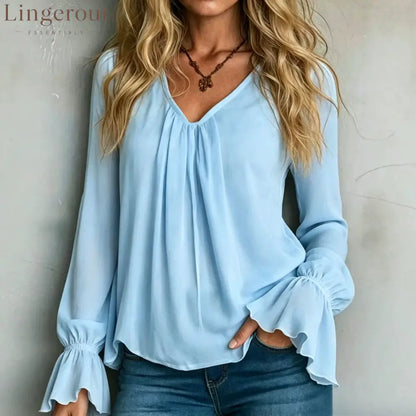 Solid Chiffon V-Neck Pleated Front Flounce Bell Long Sleeve Blouse - Light blue / S