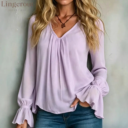 Solid Chiffon V-Neck Pleated Front Flounce Bell Long Sleeve Blouse - Light purple / S