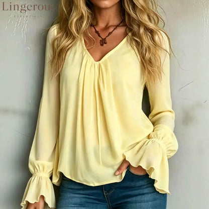 Solid Chiffon V-Neck Pleated Front Flounce Bell Long Sleeve Blouse - Light yellow / S