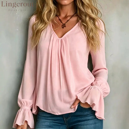 Solid Chiffon V-Neck Pleated Front Flounce Bell Long Sleeve Blouse - Pink / S