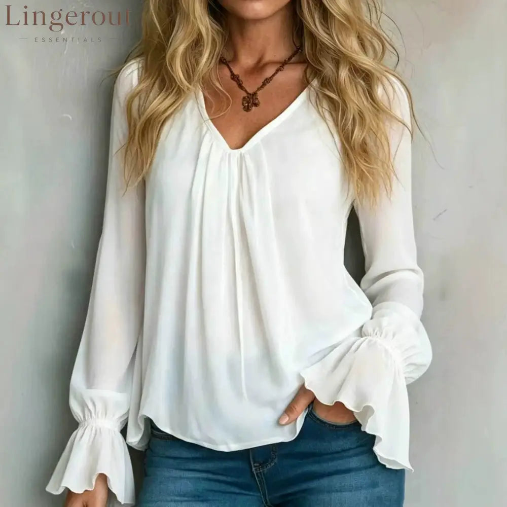 Solid Chiffon V-Neck Pleated Front Flounce Bell Long Sleeve Blouse - White / S