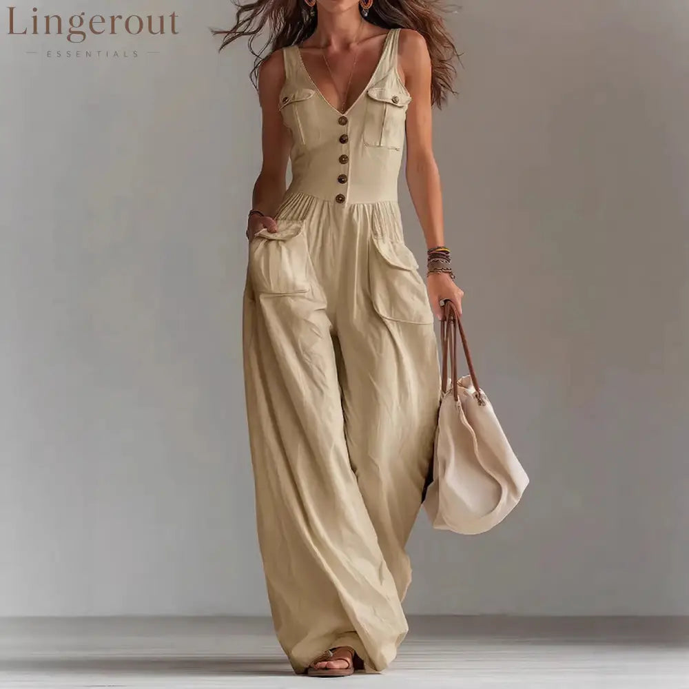 Solid Color Button Pocket Loose Casual Suspender Jumpsuit For Women - Apricot / S