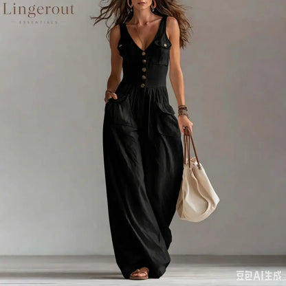 Solid Color Button Pocket Loose Casual Suspender Jumpsuit For Women - Black / S