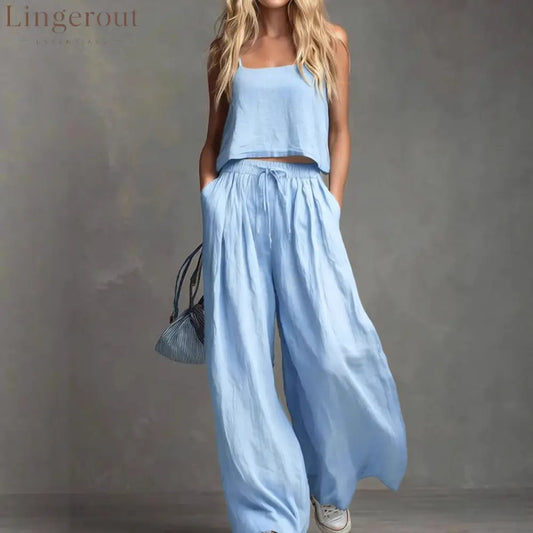 Solid Color Casual Cotton And Linen Suspender Tops Wide-Leg Pants Suit
