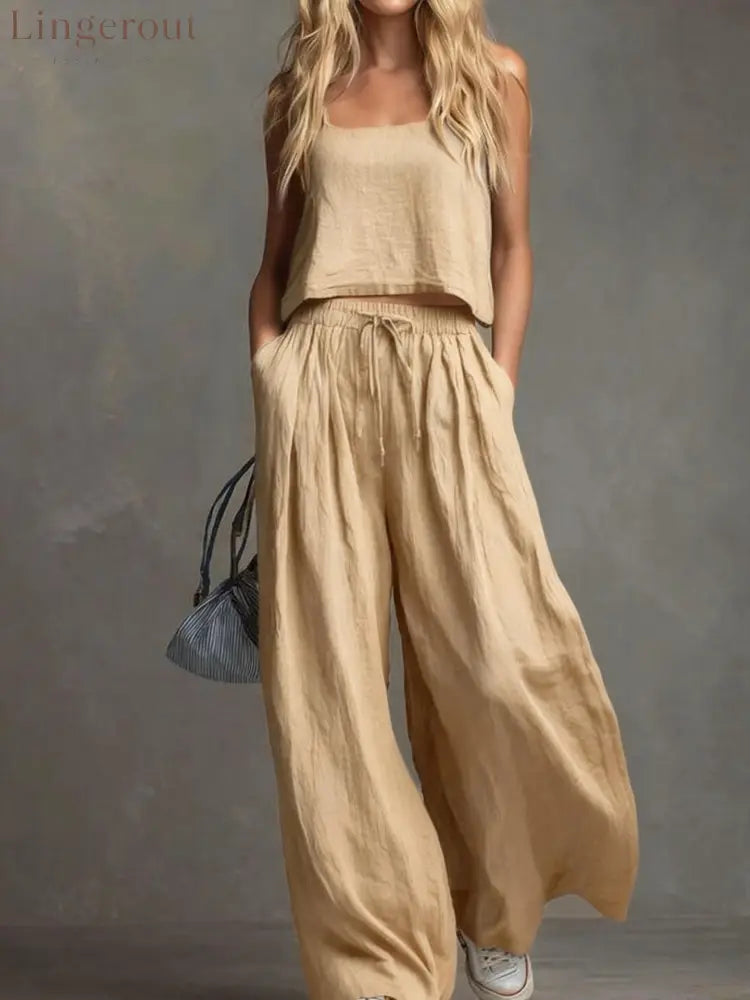 Solid Color Casual Cotton And Linen Suspender Tops Wide-Leg Pants Suit - Apricot / S