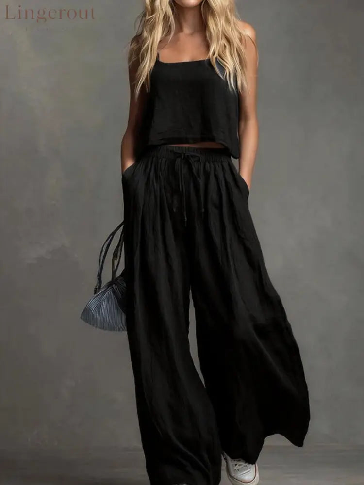 Solid Color Casual Cotton And Linen Suspender Tops Wide-Leg Pants Suit - Black / S