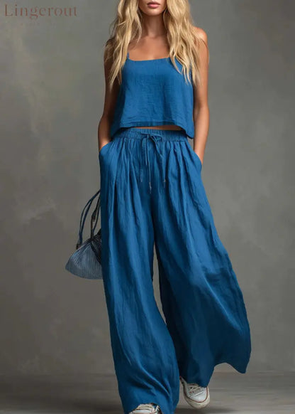 Solid Color Casual Cotton And Linen Suspender Tops Wide-Leg Pants Suit - Blue / S