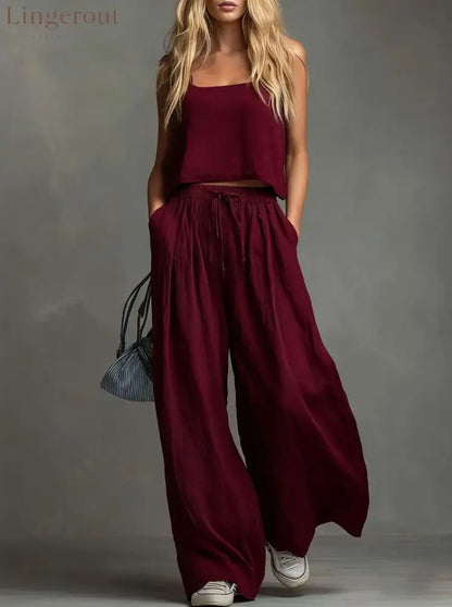 Solid Color Casual Cotton And Linen Suspender Tops Wide-Leg Pants Suit - Claret / S