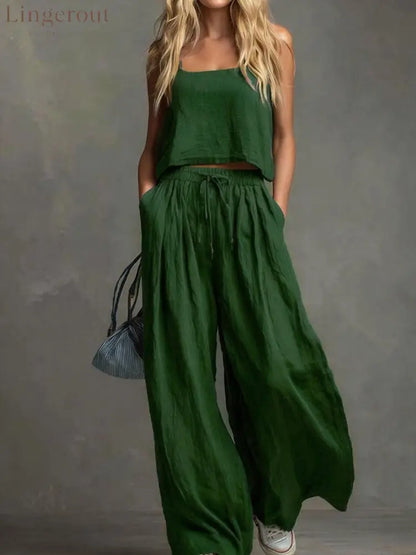 Solid Color Casual Cotton And Linen Suspender Tops Wide-Leg Pants Suit - Green / S
