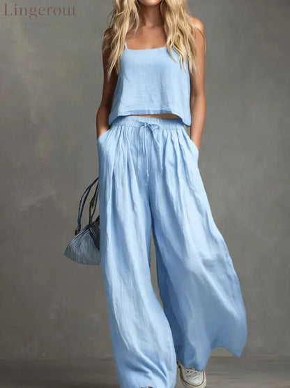 Solid Color Casual Cotton And Linen Suspender Tops Wide-Leg Pants Suit - Light blue / S