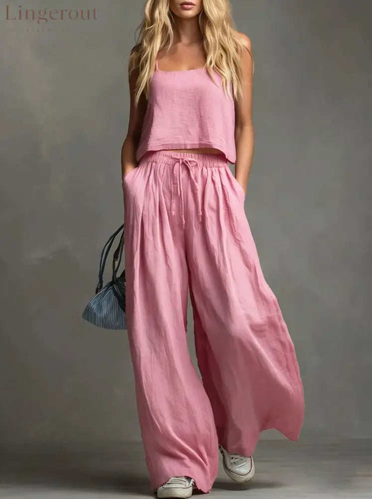 Solid Color Casual Cotton And Linen Suspender Tops Wide-Leg Pants Suit - Pink / S