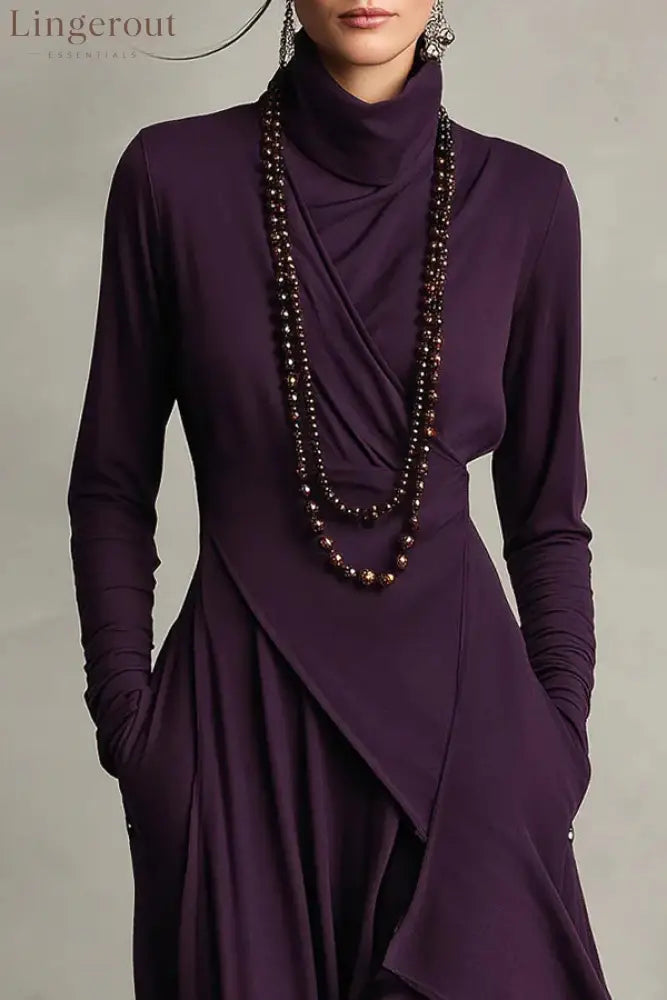 Solid Color High-neck Long-sleeved Irregular Casual Maxi Dress