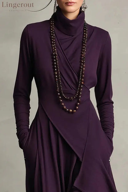 Solid Color High-neck Long-sleeved Irregular Casual Maxi Dress