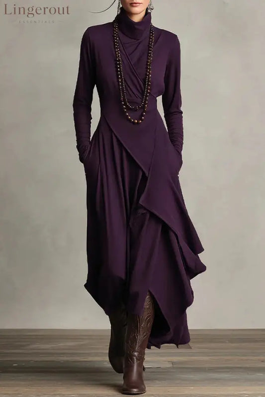 Solid Color High-neck Long-sleeved Irregular Casual Maxi Dress - Purple / S