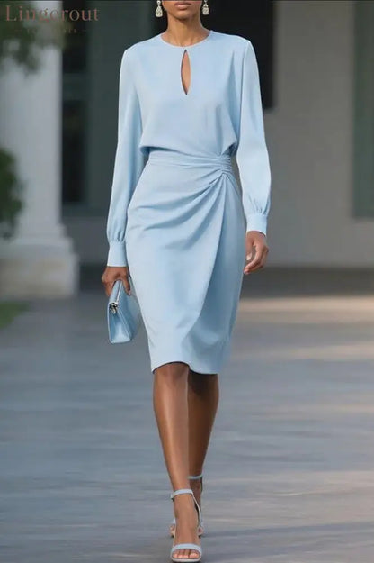Solid Color Hollow Round Neck Long Sleeve Waisted Midi Dress - Blue / S - Dresses