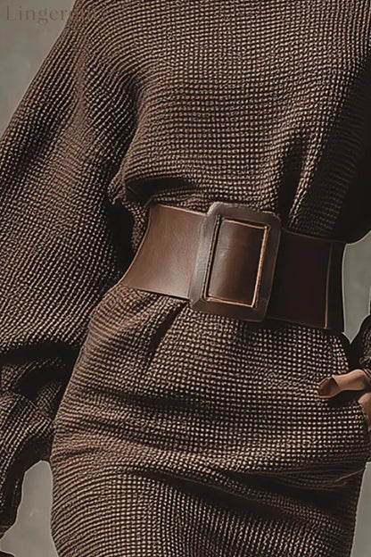 Solid Color Lantern Sleeve High Waist Belted Knitted Mini Dress