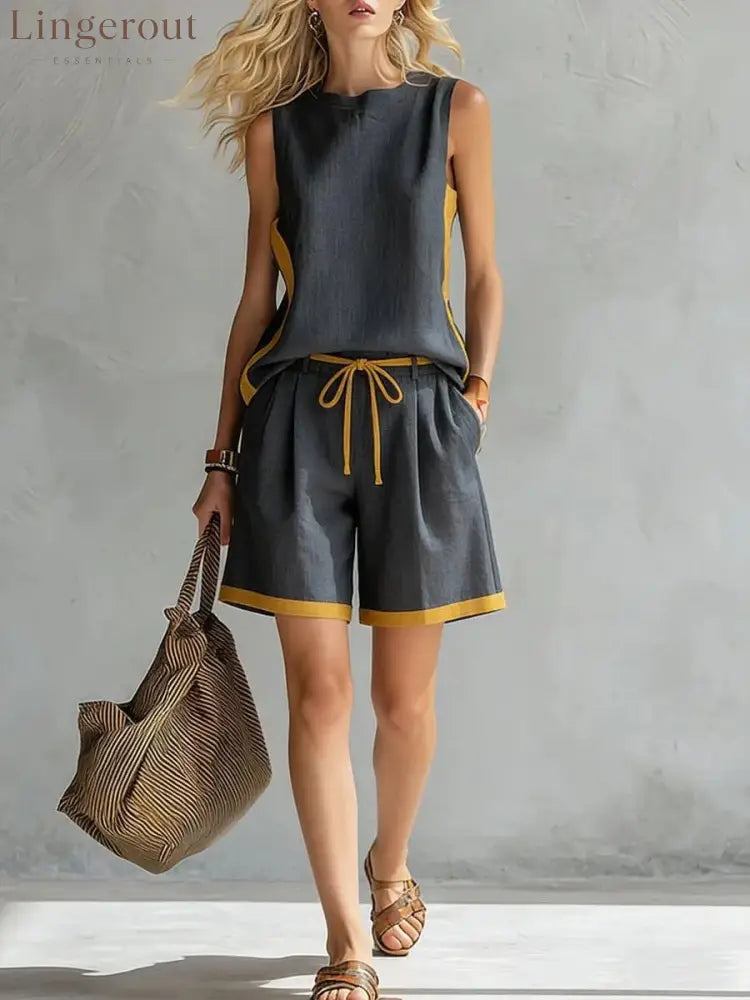 Solid Color Loose Casual Vest and Shorts Set - Gray / S
