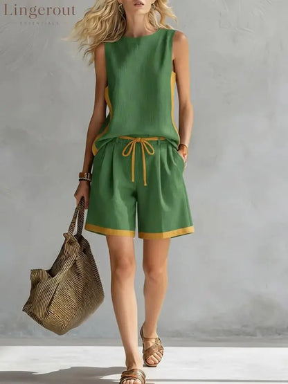 Solid Color Loose Casual Vest and Shorts Set - Green / S