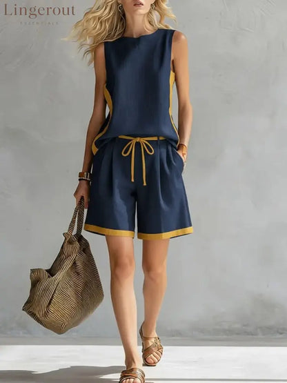 Solid Color Loose Casual Vest and Shorts Set - Navy Blue / S
