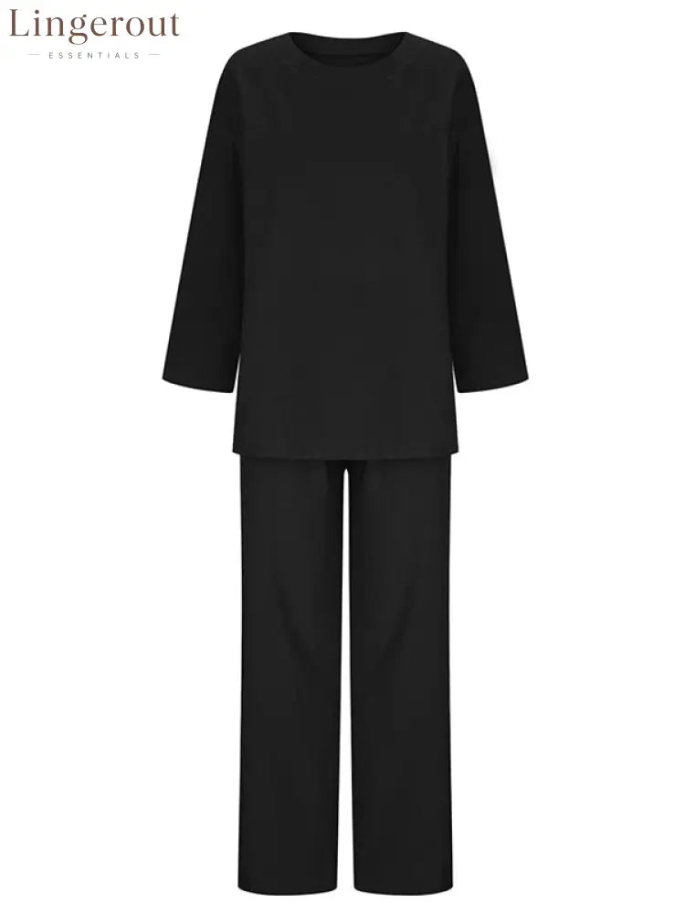 Solid Color Loose Long Sleeves Round-Neck Shirts Top + Drawstring Pants Bottom Two Pieces Set