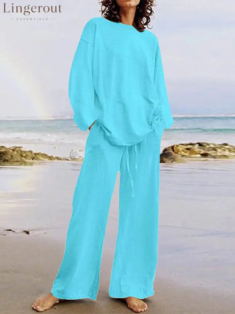 Solid Color Loose Long Sleeves Round-Neck Shirts Top + Drawstring Pants Bottom Two Pieces Set - sky blue / S