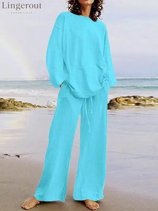 Solid Color Loose Long Sleeves Round-Neck Shirts Top + Drawstring Pants Bottom Two Pieces Set - sky blue / S