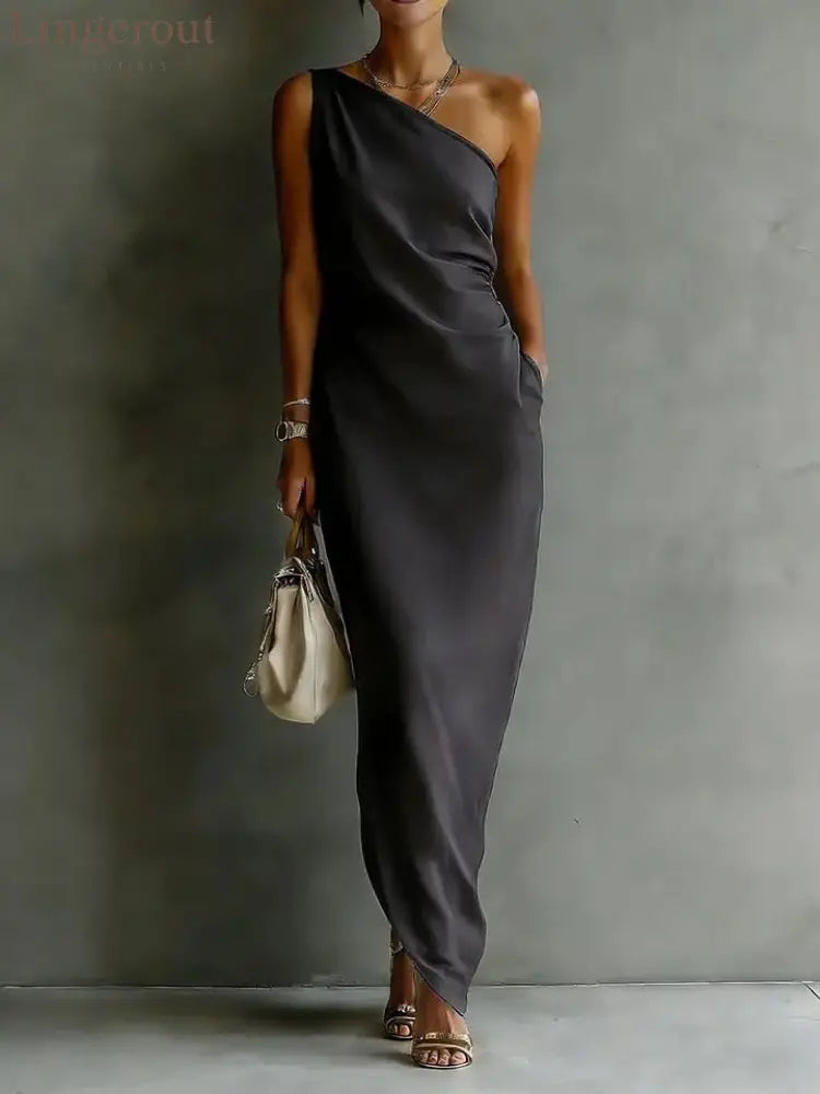 Solid Color Satin Slant Shoulder Drape Slim Long Dress - Black / S