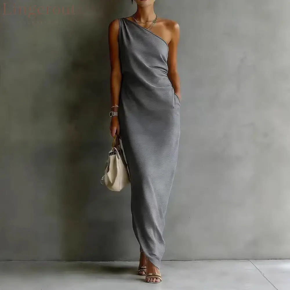 Solid Color Satin Slant Shoulder Drape Slim Long Dress - Grey / S