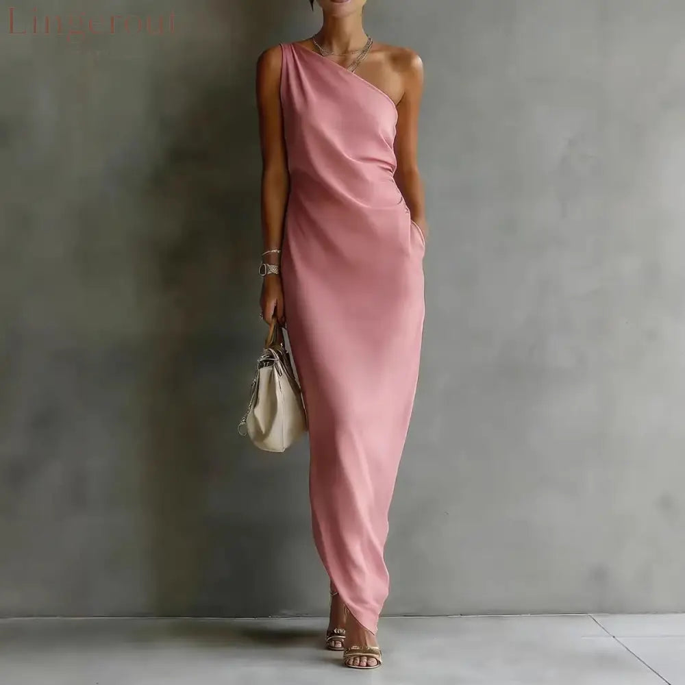 Solid Color Satin Slant Shoulder Drape Slim Long Dress - Pink / S