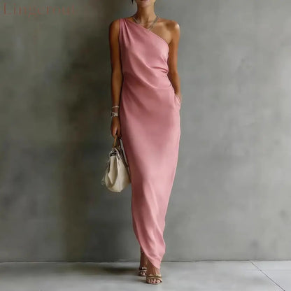 Solid Color Satin Slant Shoulder Drape Slim Long Dress - Pink / S