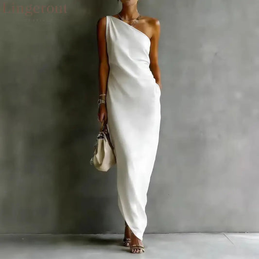 Solid Color Satin Slant Shoulder Drape Slim Long Dress - White / S