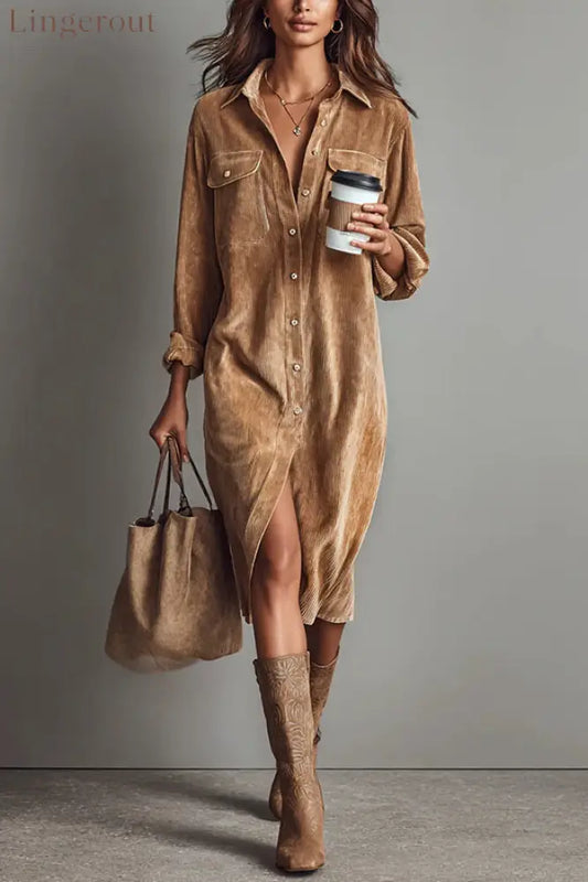 Solid Color Single-Breasted Pocket Casual Shirt-Style Midi Dress - Apricot / XS