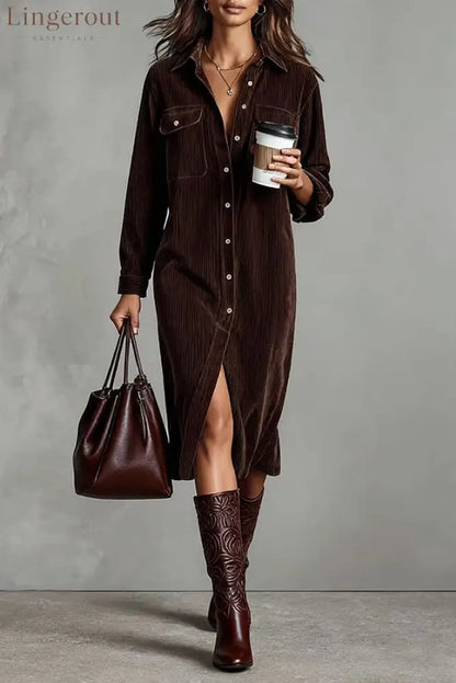 Solid Color Single-Breasted Pocket Casual Shirt-Style Midi Dress - Brown / XS