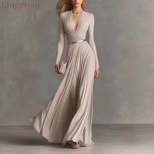 Solid Color Textured Long-Sleeved Elegant Dress For Women With Small Fragrant Waist - Khaki / S